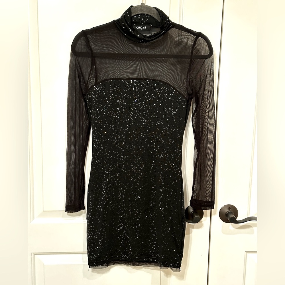 NWOT Mesh Long Sleeve Glitter Bodycon Mini Dress CHICME Size S Black